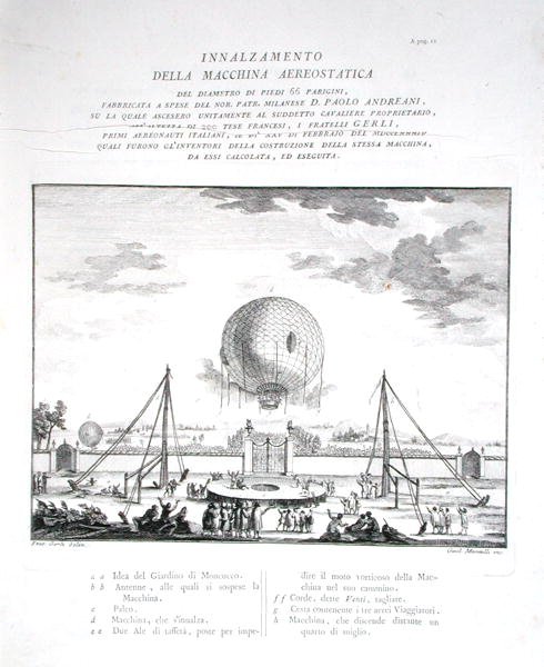 Första bemannade luftballongflygningen i Italien gjord av Paolo Andreani (1763-1823) 1784, graverad av Girolamo Mantelli, publicerad 1785 (gravyr) (se även 206819) av Fratelli Gerli (after)