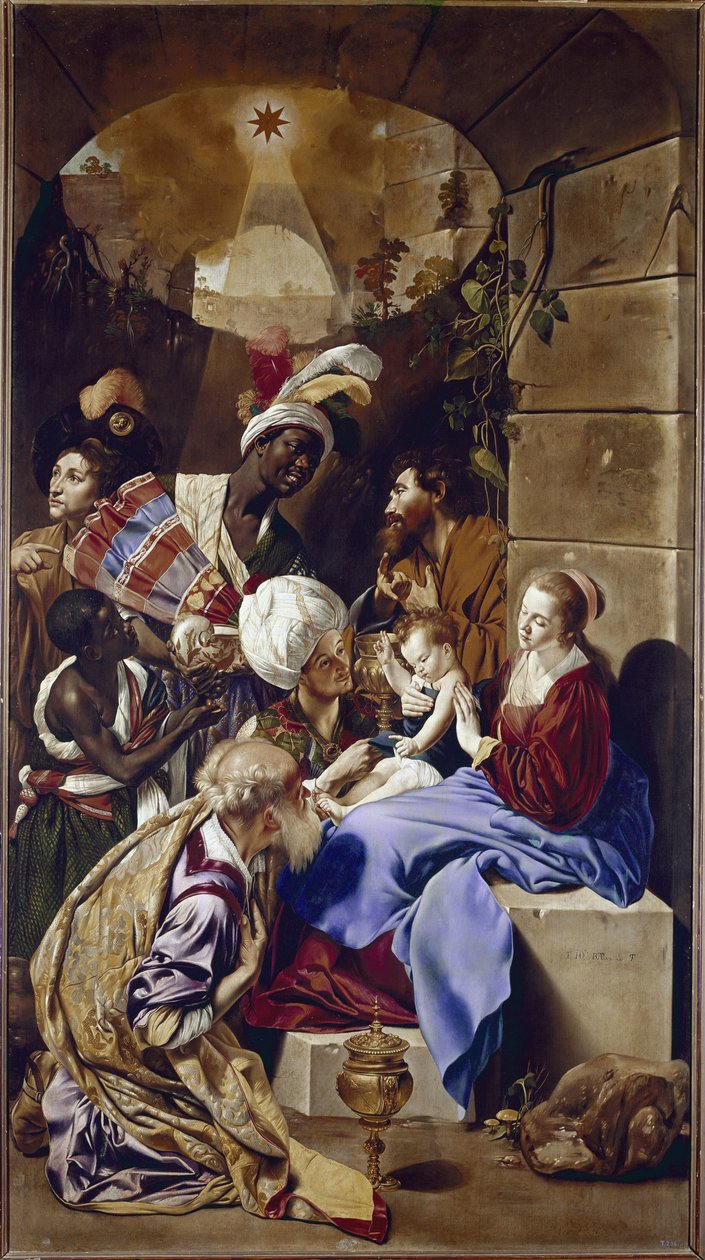 Tillbedjan av Magi. (olja på duk, ca 1610) av Fray Juan Batista Maino or Mayno
