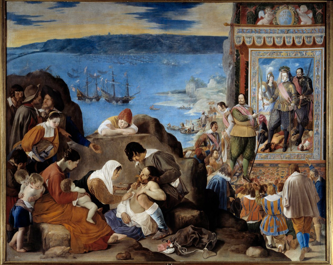 Allegori om övertagandet av Salvador de Bahia (Brasilien) av en portugisisk, spansk och indisk armé under befäl av Fadrique Alvarez de Toledo y Mendoza (1580-1634) den 1 maj 1625 (Återerövringen av Bahia i Brasilien) - Vänster: lidandet av offren - Höger:  av Fray Juan Batista Maino or Mayno