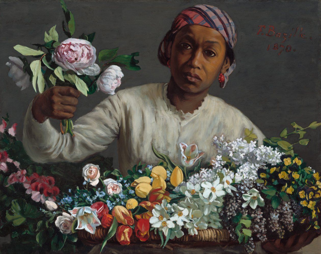 Ung kvinna med pioner av Frédéric Bazille