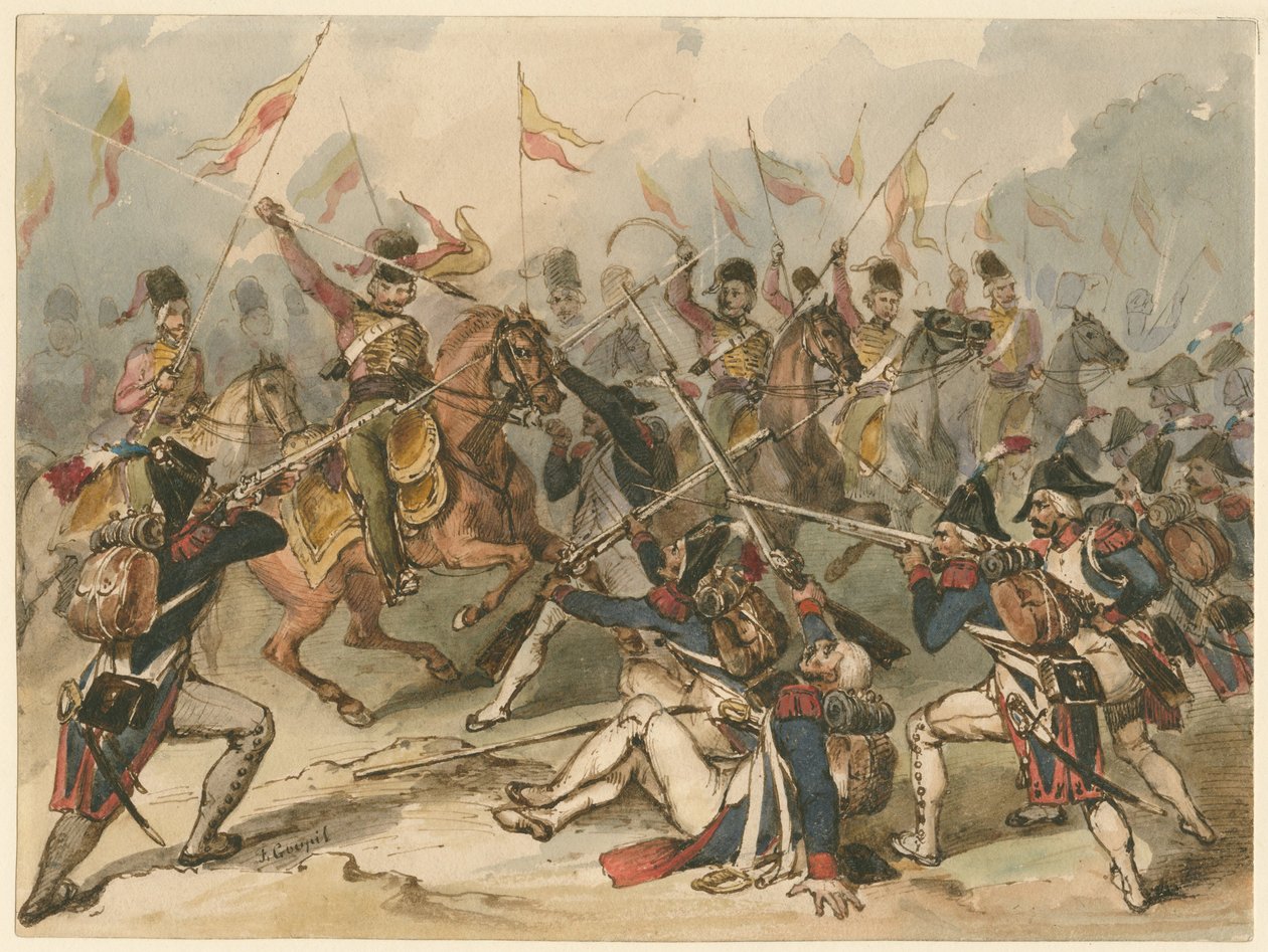 Franskt infanteri och ryska husarer i strid vid Austerlitz av Frédéric Goupil Fesquet