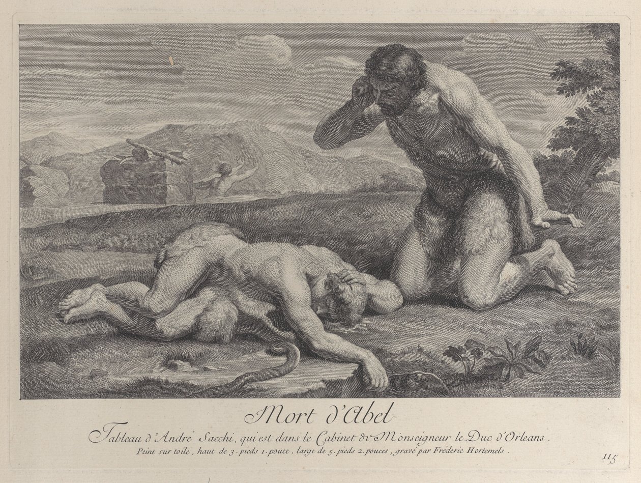 Adam knäböjer i sorg bredvid Abels kropp, medan Kain flyr i bakgrunden, ca. ..., ca. 1729. av Frédéric Horthemels