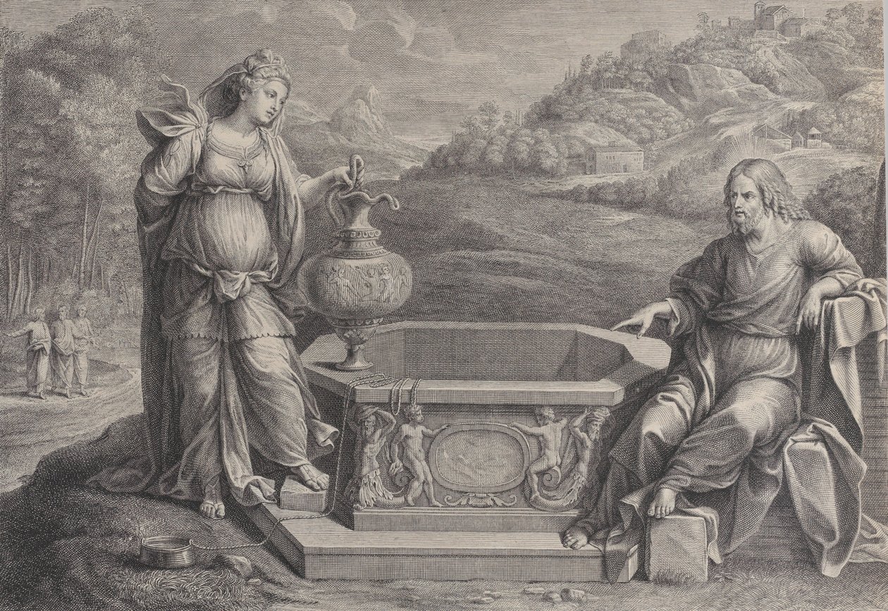 Kristus, som sitter till höger, och kvinnan från Samaria, som står till vänster, ca. 1729. av Frédéric Horthemels