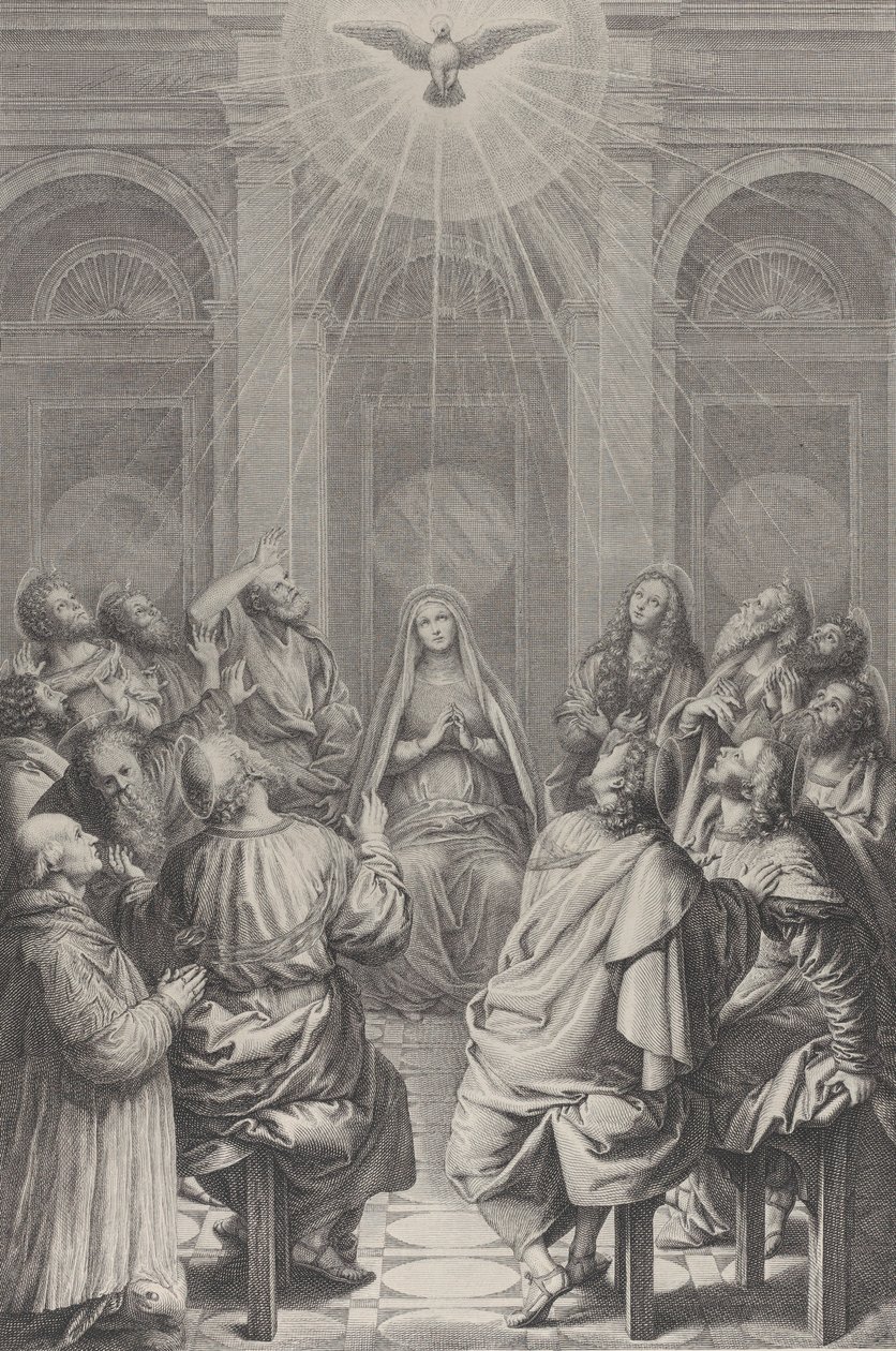 Pingstdagen, med apostlarna och jungfrun sittande i en cirkel, den Helige Ande ap..., 1729-40. av Frédéric Horthemels