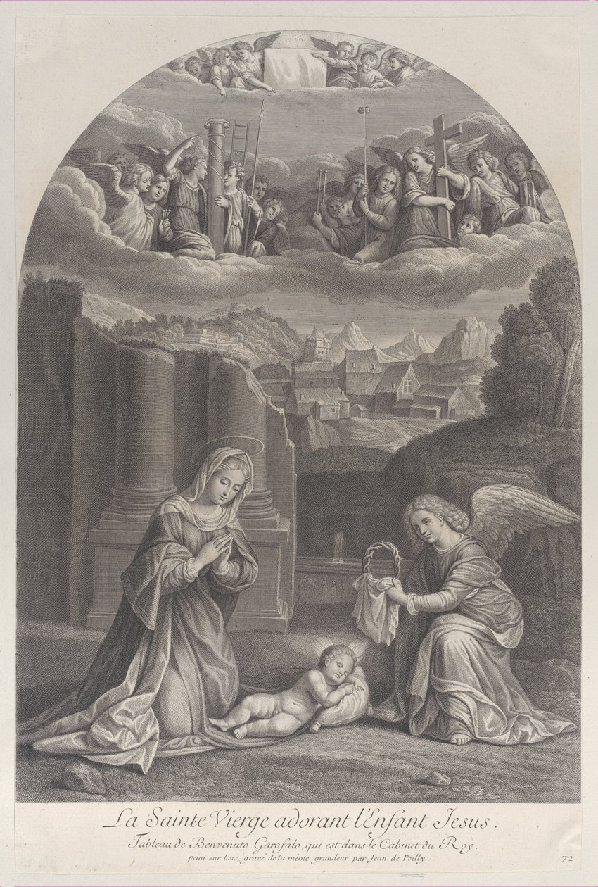 Jungfru Maria avgudar Kristusbarnet, en ängel som håller en törnekrona till höger,..., ca. 1729. av Frédéric Horthemels