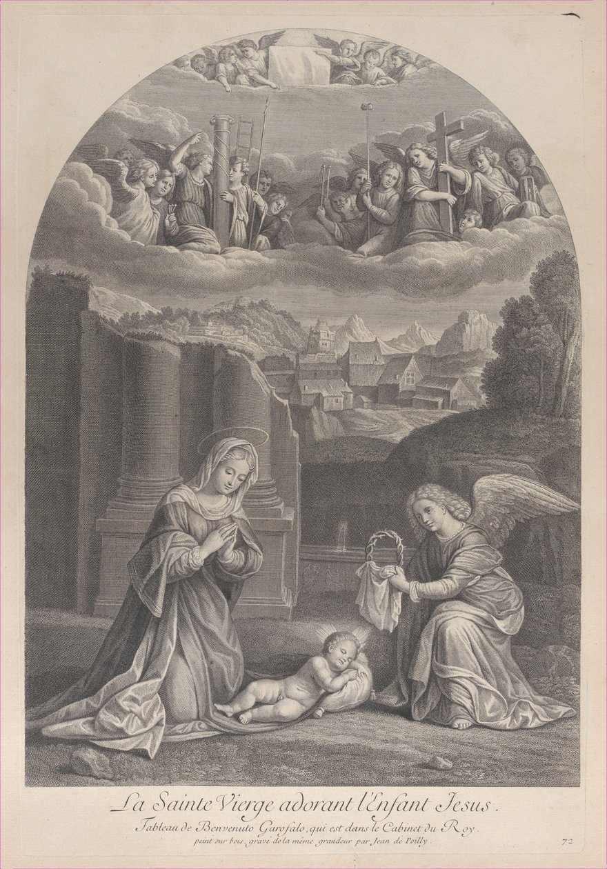 Jungfru Maria avgudar Kristusbarnet, en ängel som håller en törnekrona till höger,..., ca. 1729. av Frédéric Horthemels