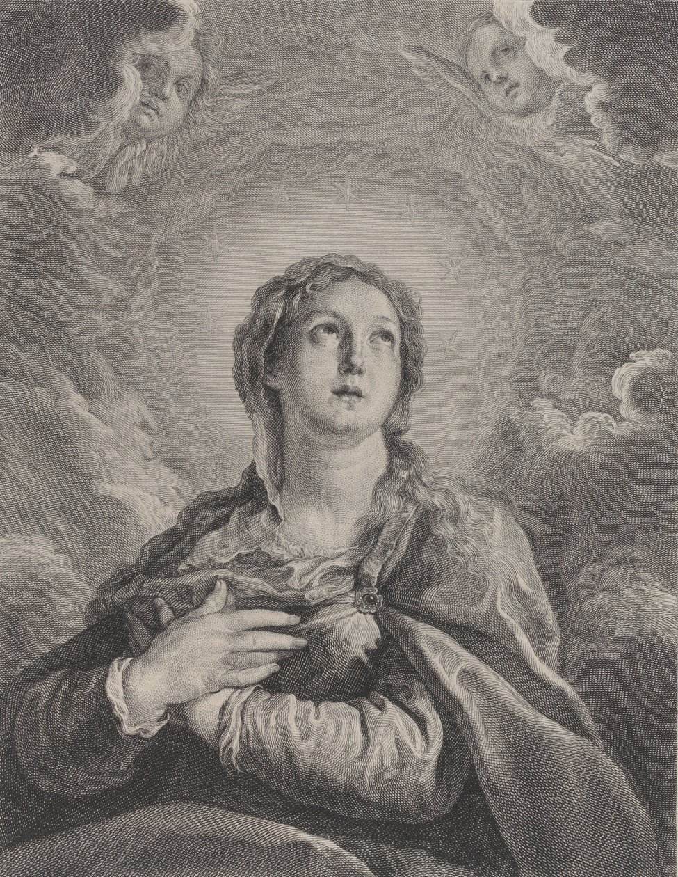 Jungfrun, händerna vikta på bröstet, tittar uppåt, 1729-40. av Frédéric Horthemels