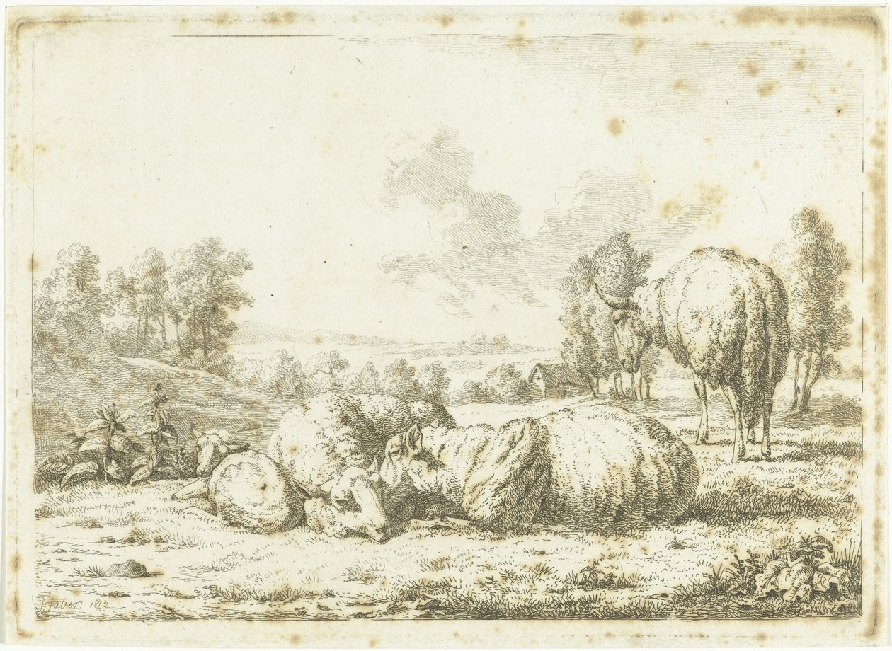 Landskap med tre får och ett lamm av Frédéric Théodore Faber
