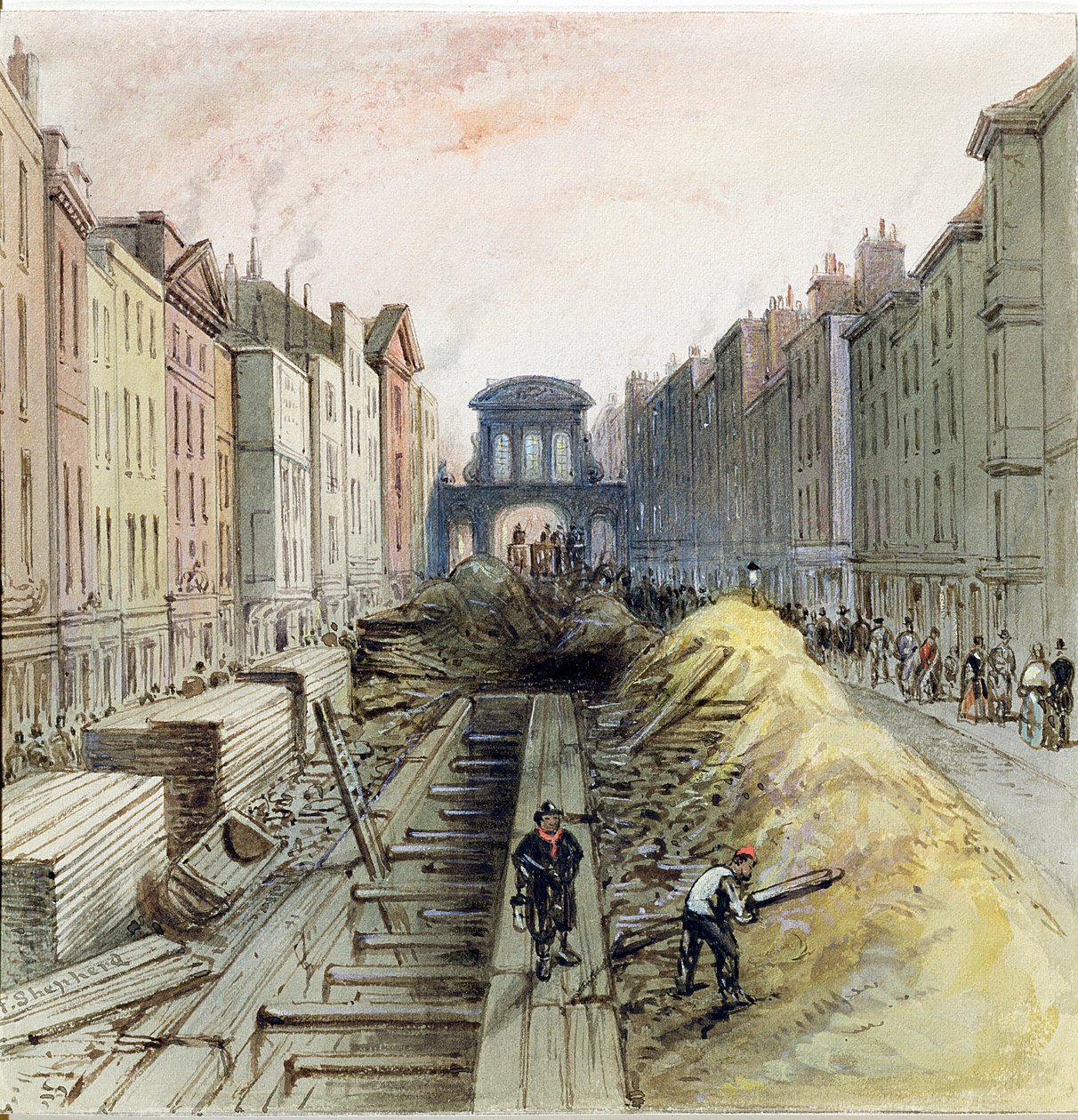 Fleet Street med New Common Sewer under konstruktion, 1845 av Frederick Shepherd