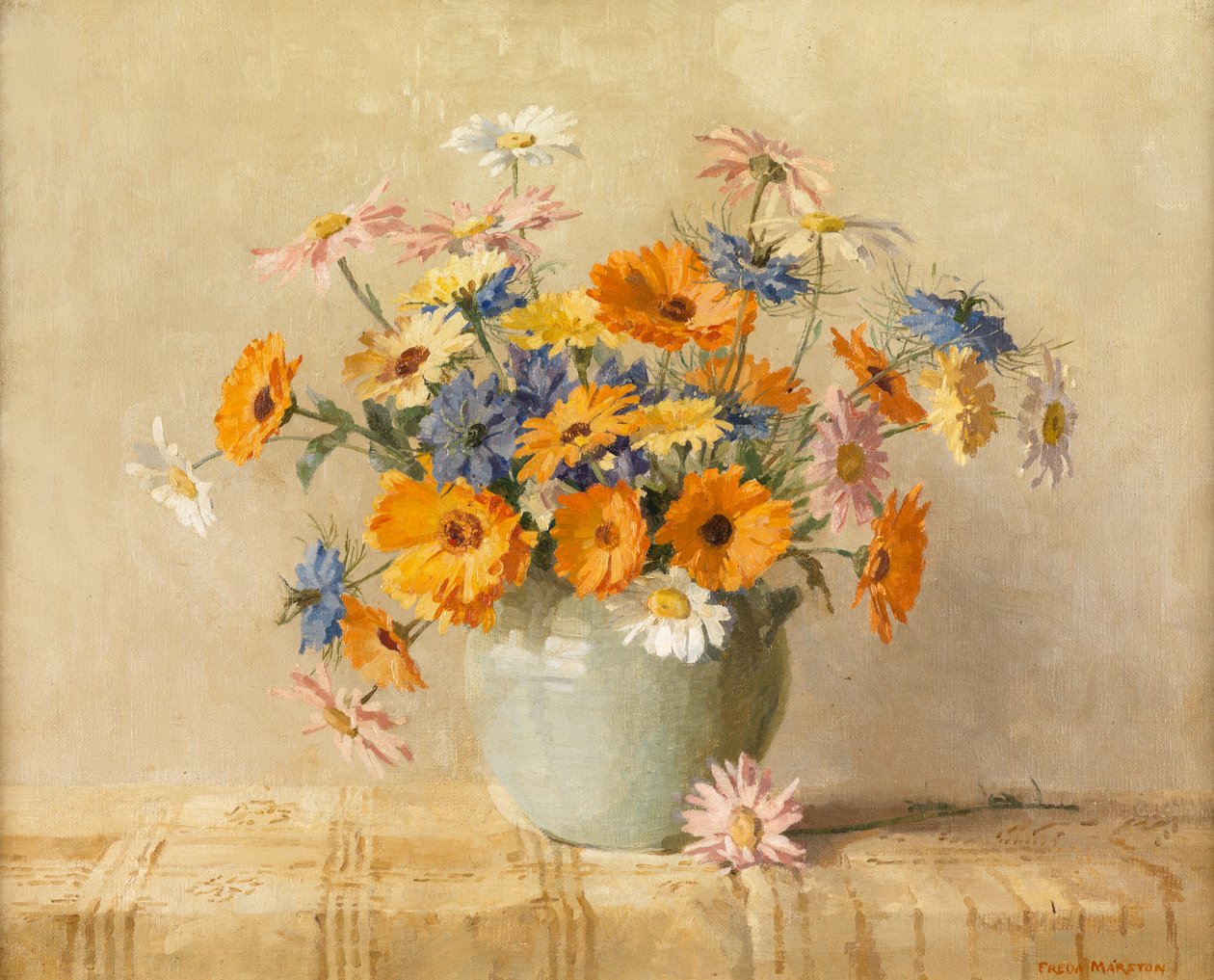 Love-in-a-Mist, Marigold, Oxeye Daisies (Olja på duk) av Freda Marston
