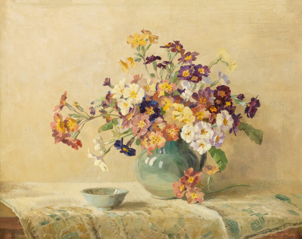 Vårblommor (olja på duk läggs på brädet) av Freda Marston