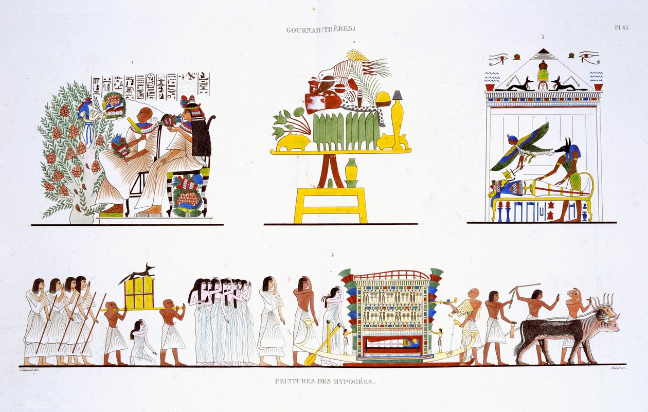 Begravningsritualer, från en sällsynt förteckning över fresker från Thebe, som Frederic Cailliaud (1787-1869) antecknade 1819-1822 vid sitt andra besök i Egypten, färglitografi. av Frederic Cailliaud