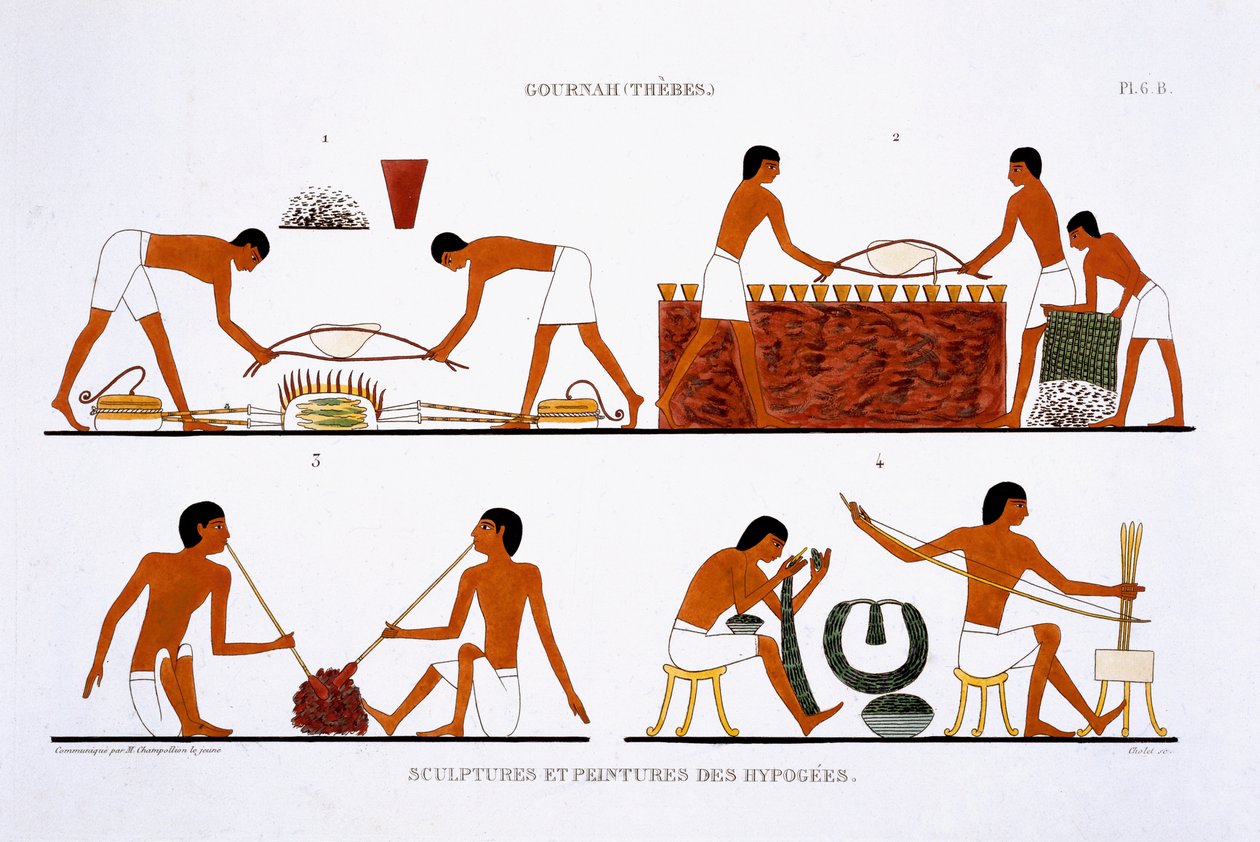 Smycken och metallverkstad, från en sällsynt förteckning över fresker från Thebe, som Frederic Cailliaud (1787-1869) antecknade 1819-1822 vid sitt andra besök i Egypten, 1819, litografi i färg. av Frederic Cailliaud