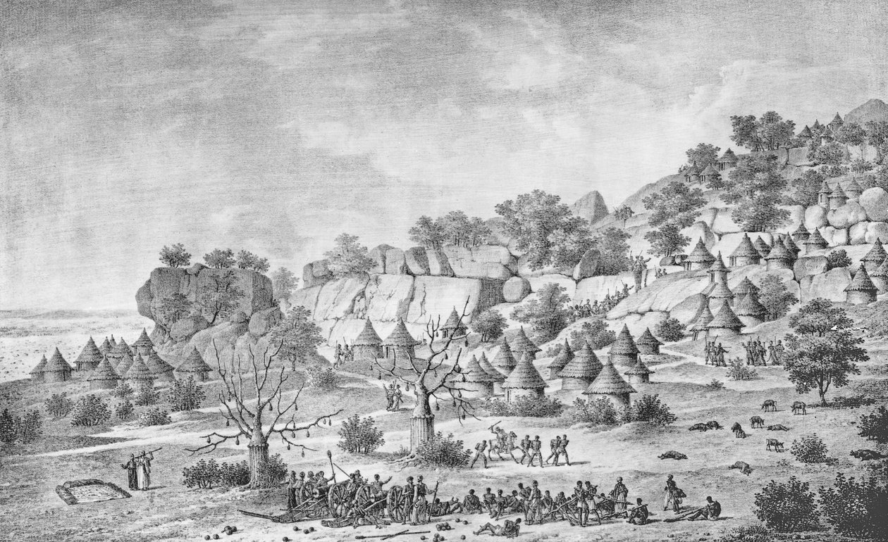 Vy över byn norr om Agady i Bertatregionen, från "Voyage à Meroe: au fleuve Blanc, au-dela de Fazoqldans le midi du royaume de Snnar a Syouah", publicerad 1827. av Frederic Cailliaud