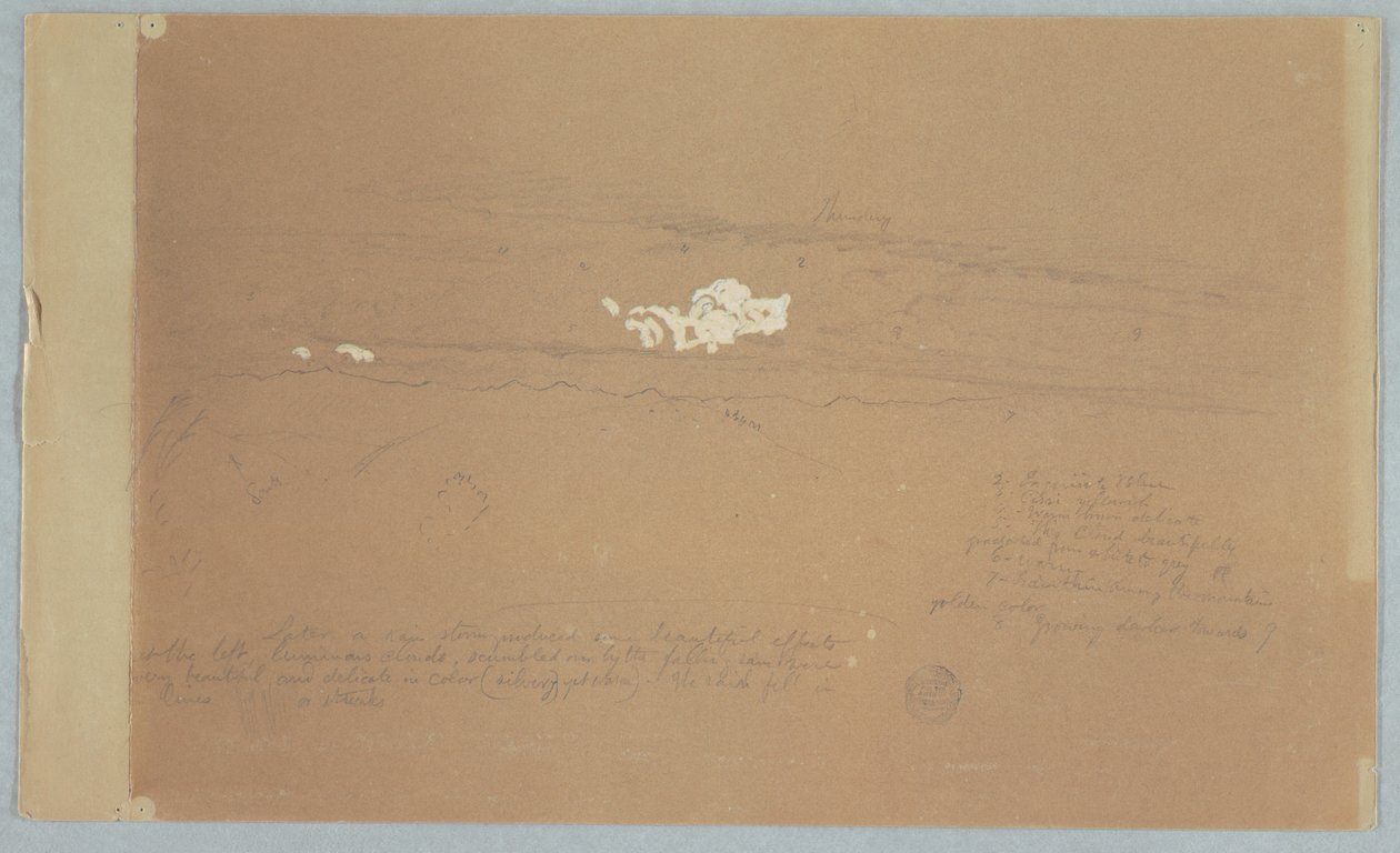 Ritning, molnig himmel över bergslandskap, möjligen 1857 av Frederic Edwin Church