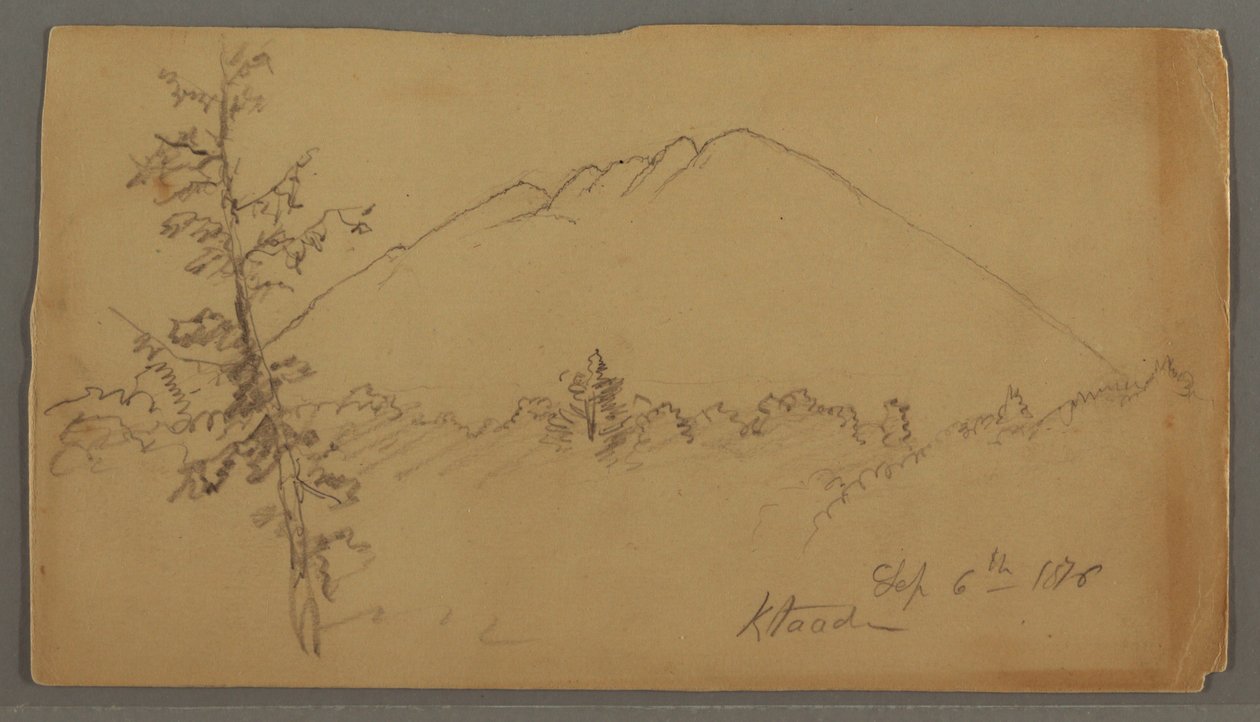 Ritning, berg Katahdin, skog, träd i förgrunden av Frederic Edwin Church
