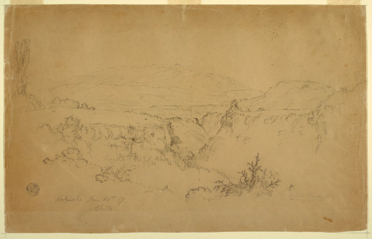 Teckning, Utsikt över berget Pichincha från Chillo, Ecuador, 26 juni 1857 av Frederic Edwin Church