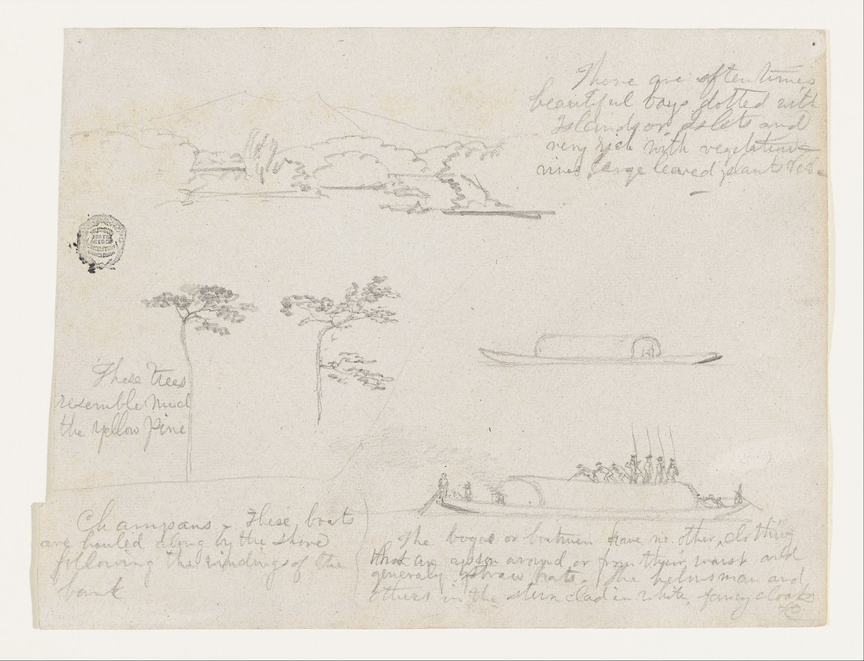 Skisser från Colombia- Trees and Rivercraft (Champans) av Frederic Edwin Church