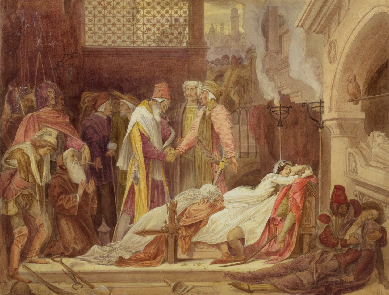 The Reconciliation of the Montagues and the Capulets, c.1854 (wc, kroppsfärg och gummi över grafit på papper) av Frederic Leighton
