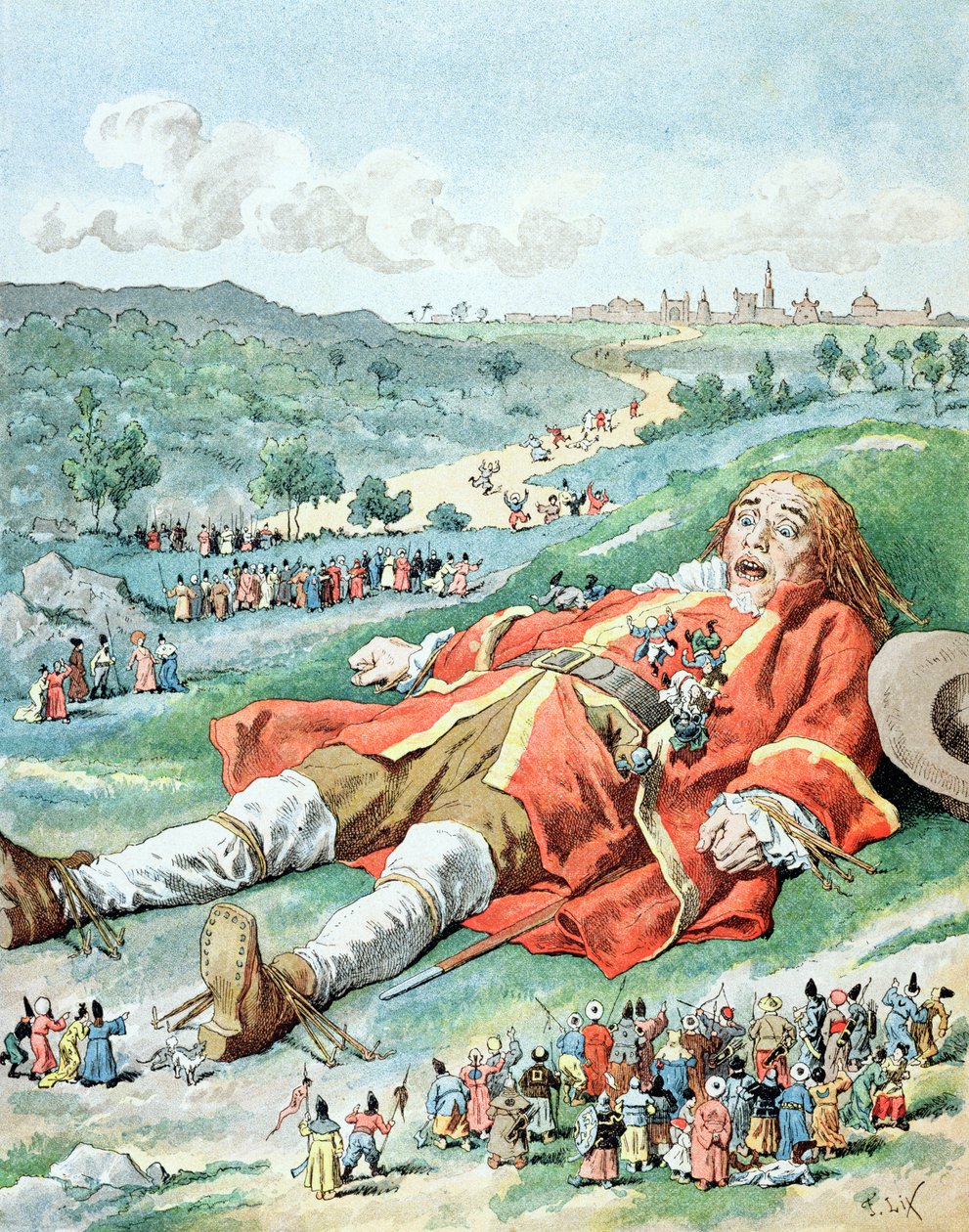 "Jag hittade mina armar och ben bundna till jorden ...", illustration från "Les Voyages de Gulliver" av Jonathan Swift (1667-1745) av Frederic Theodore Lix