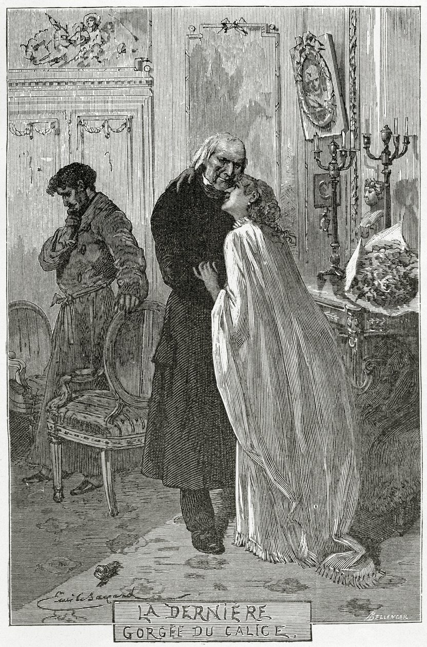 The Last Gorge of Chalice - Illustration från Les Misérables, 1800-talet (bw-gravyr) av Frederic Theodore Lix