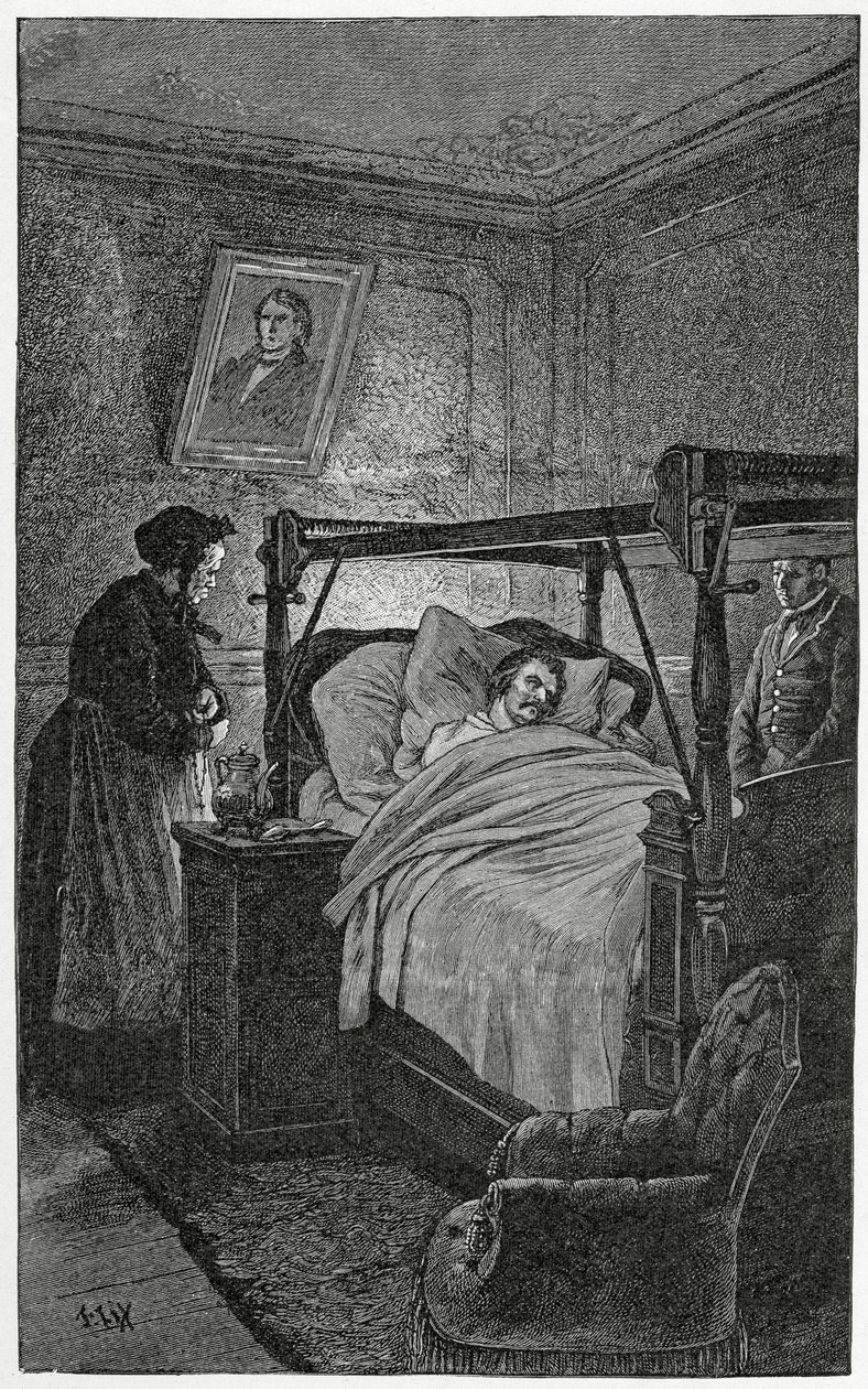 Death of Balzac - illustration från Things seen, 1800-talet (bw-gravyr) av Frederic Theodore Lix
