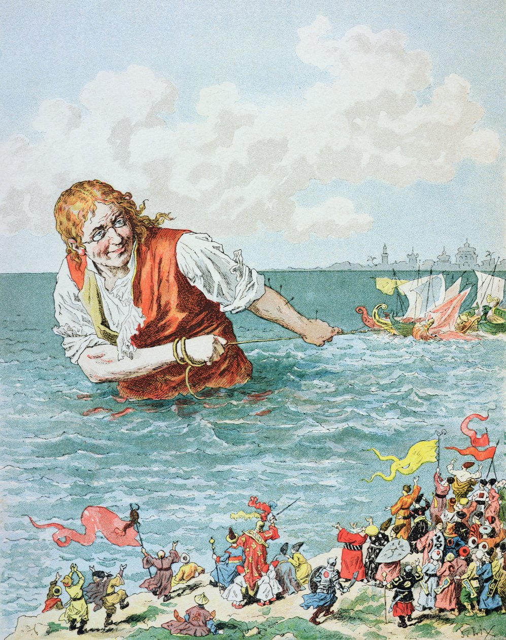 "Då jag körde min fångst, anlände jag snart till den kejserliga hamnen ...", illustration från "Les Voyages de Gulliver" av Jonathan Swift (1667-1745) av Frederic Theodore Lix