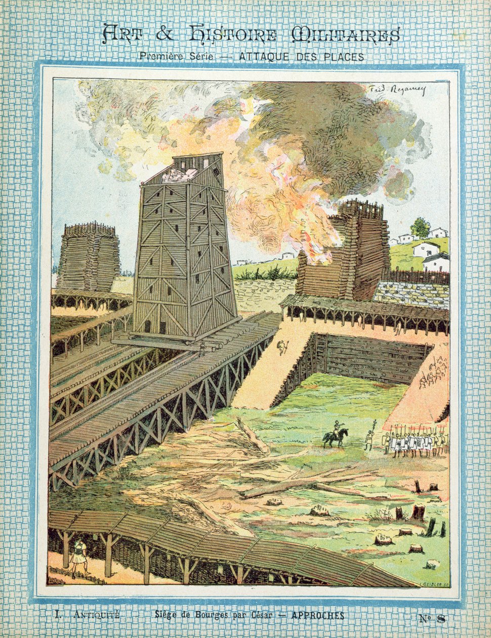 Belägringen av Bourges under invasionen av Gallien av Julius Caesar (100-44 f.Kr.) från en skyddshylsa för skolböcker, sent 1800-tal av Frederic Regamey