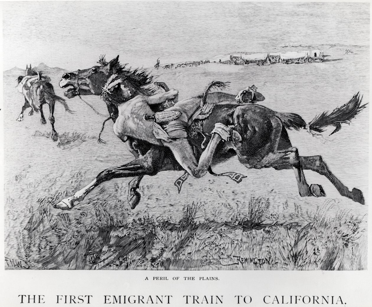 A Peril of the Plains, det första emigranttåget till Kalifornien, graverad av F.H.W. av Frederic Remington