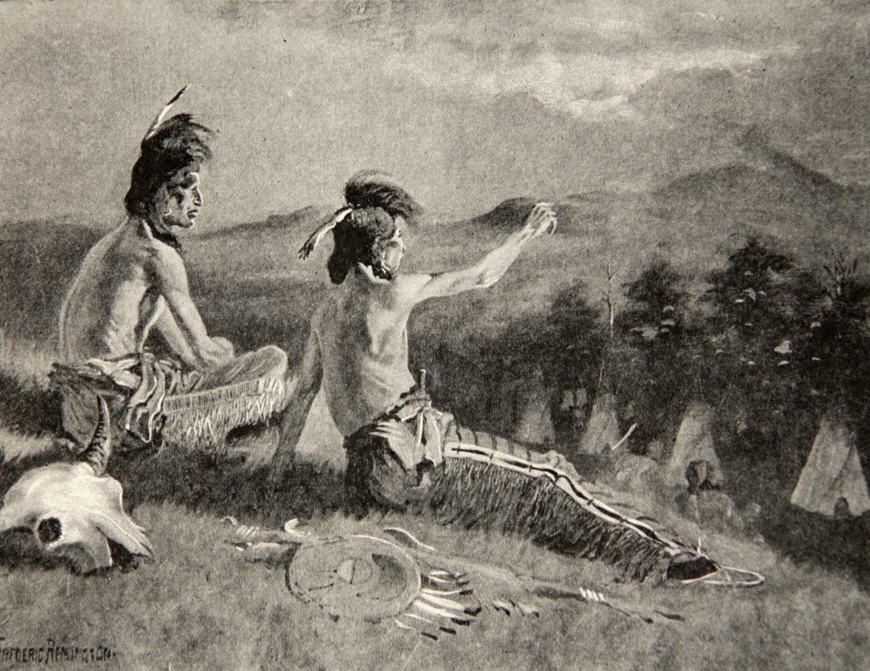 Alla stammar såg signalen, Såg den avlägsna röken stiga upp, från The Song of Hiawatha av Henry Wadsworth Longfellow (1807-82), pub. av George G. Harrap und Company Ltd., 1911 av Frederic Remington