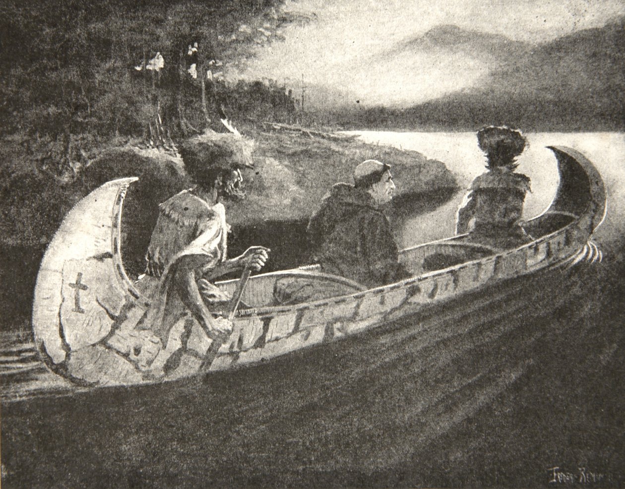 Kom hövdingen Black-Robe,... den blekblå, med sina guider och följeslagare, från The Song of Hiawatha av Henry Wadsworth Longfellow (1807-82), publicerad av George G. Harrap und Company Ltd., 1911 (litografi). av Frederic Remington