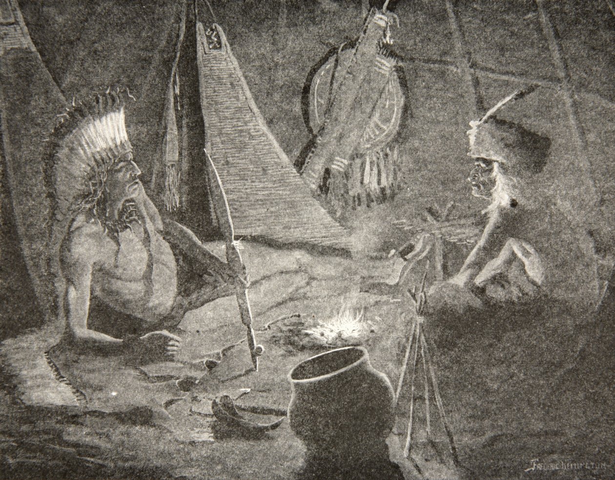 Ur sin påse drog han sin fredspipa,... Gav den till sin gäst, främlingen, från The Song of Hiawatha av Henry Wadsworth Longfellow (1807-82), pub. av George G. Harrap und Company Ltd., 1911 av Frederic Remington