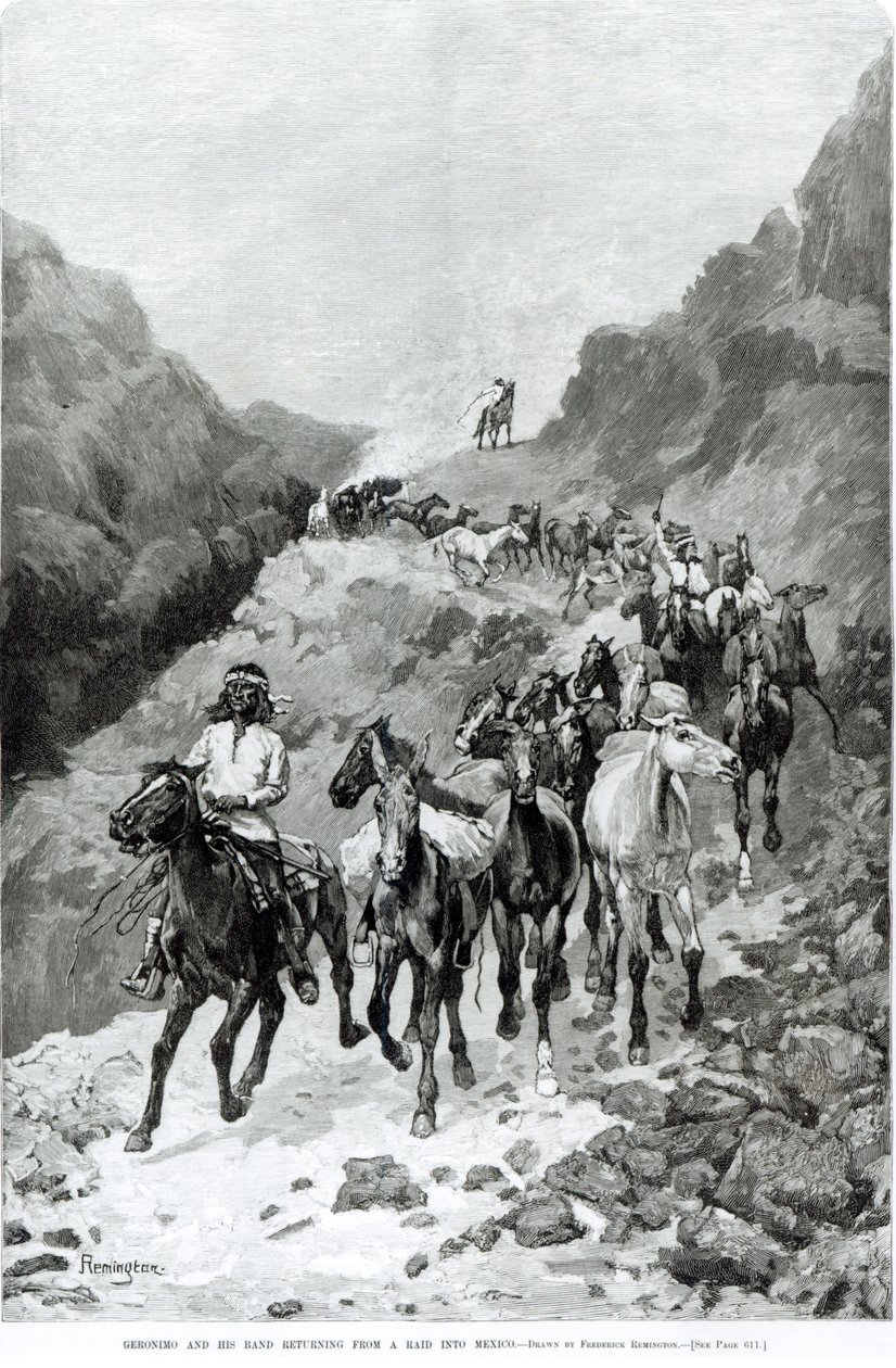 Geronimo och hans band återvänder från en räd till Mexiko av Frederic Remington