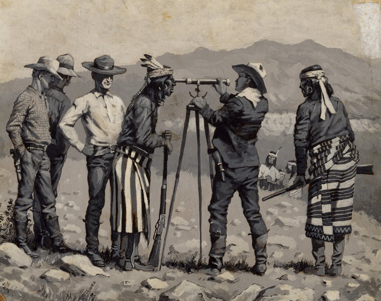 Titta genom teleskopet, ca. 1888 (olja ombord i svart och vitt) av Frederic Remington