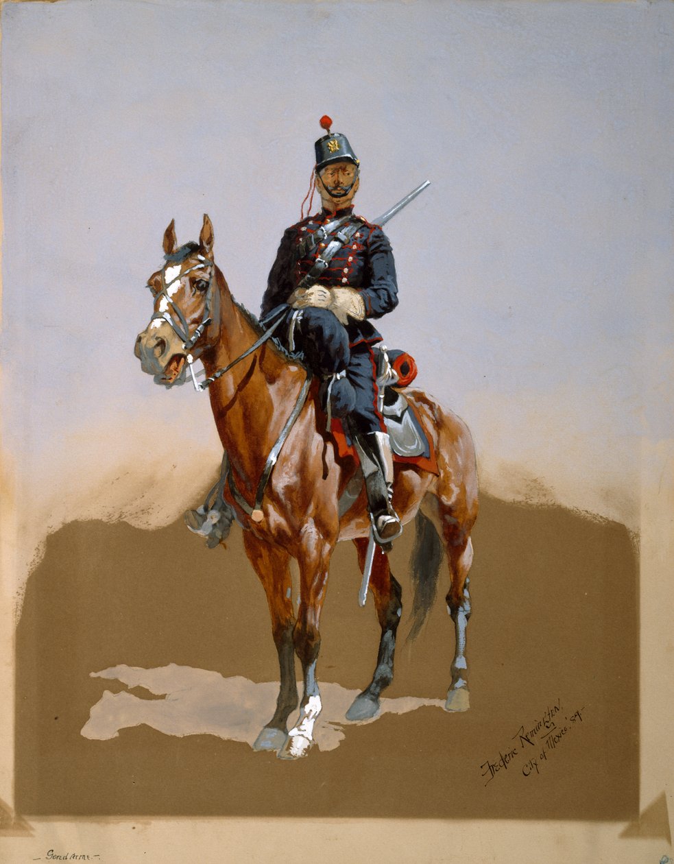 O le Gendarme, 1889 (wc, vaitusi & gouache i luga o pepa) sau av Frederic Remington