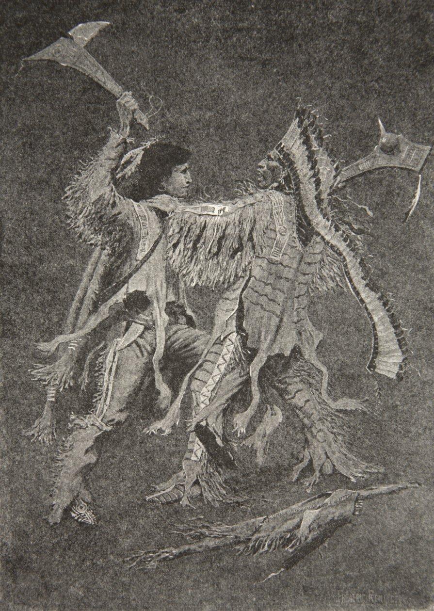 Sedan började den största striden, som solen någonsin sett på, från The Song of Hiawatha av Henry Wadsworth Longfellow (1807-82), pub. av George G. Harrap und Company Ltd., 1911 av Frederic Remington