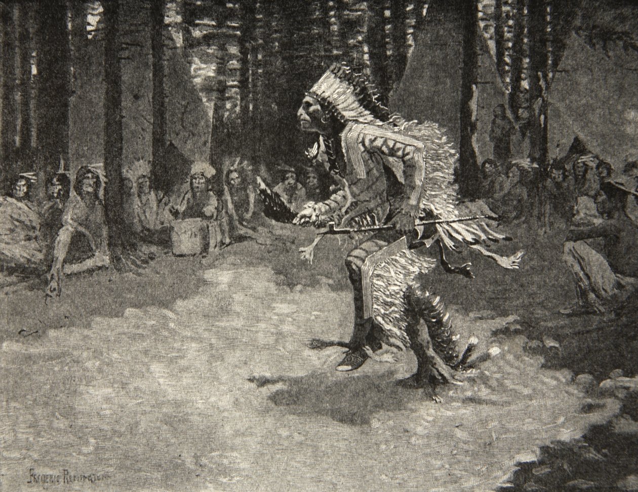 Through the shadows and the sunshine, Treading softly like a panther, från The Song of Hiawatha av Henry Wadsworth Longfellow (1807-82), publicerad av George G. Harrap und Company Ltd., 1911. av Frederic Remington