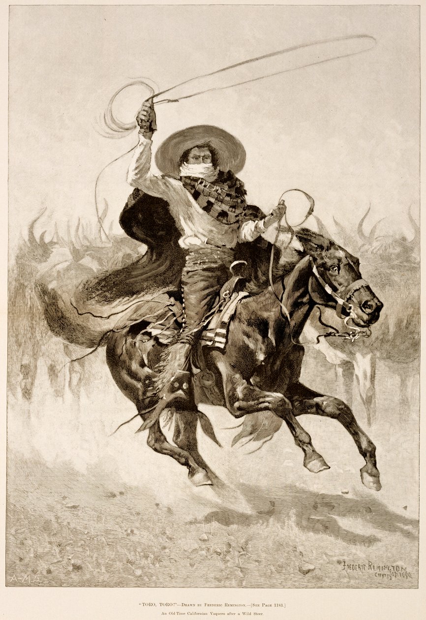 Toro, Toro!, en gammal kalifornisk Vaquero After a Wild Steer (trägravyr på tidningspapper) av Frederic Remington
