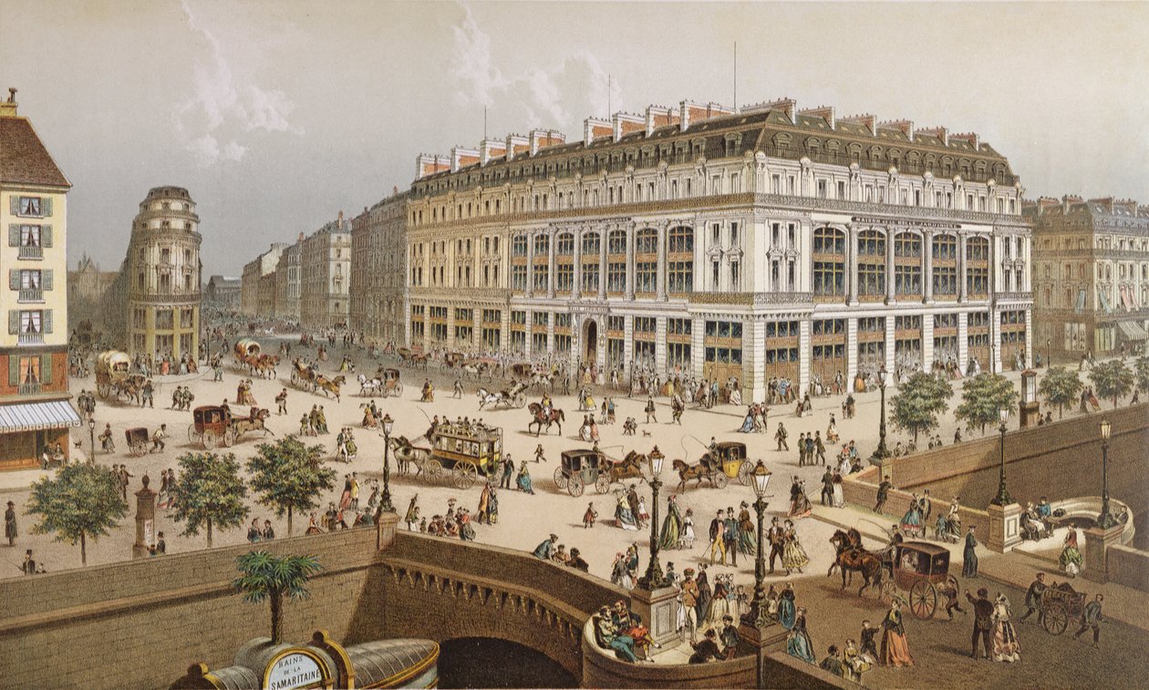 Utsikt över varuhuset "La Belle Jardiniere" och Pont Neuf, ca 1870-80 av Frederic Sorrieu