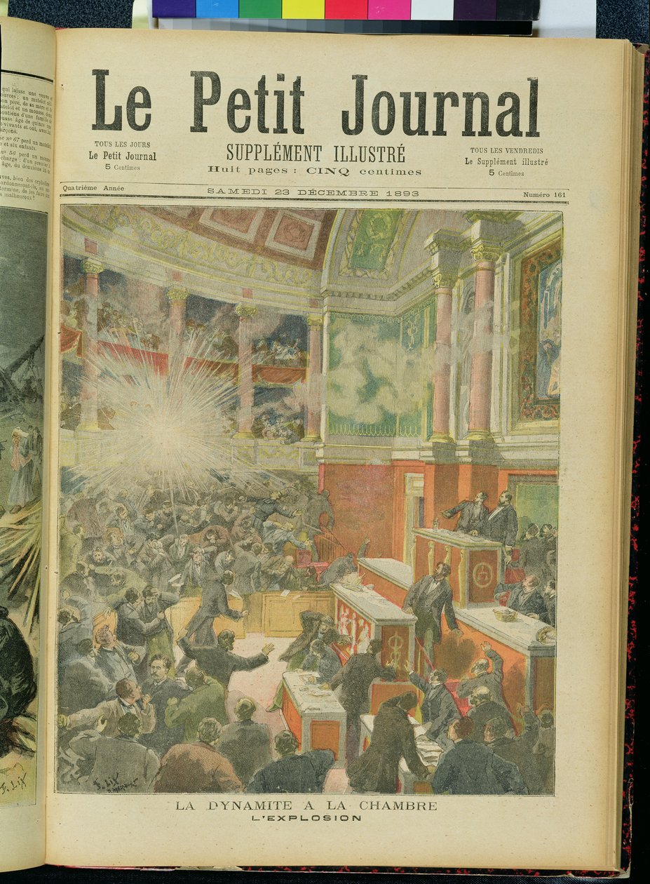 Dynamit exploderar i deputeradekammaren, framsidan av "Le Petit Journal" 23 december 1893 av Frederic Theodore Lix