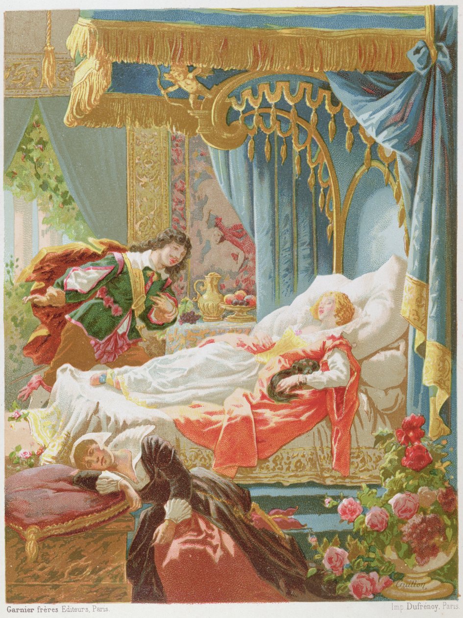 Törnrosa och Prince Charming, illustration från en upplaga av sagorna om Charles Perrault (1628-1703) graverad av Cruillon, sent 1800-tal av Frederic Theodore Lix