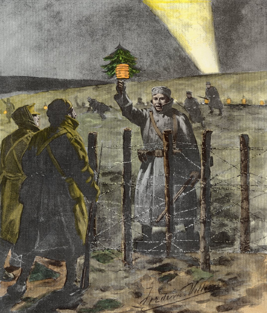 Julidagens vapenvila 1914, publicerad 1915 (senare färgläggning) av Frederic Villiers