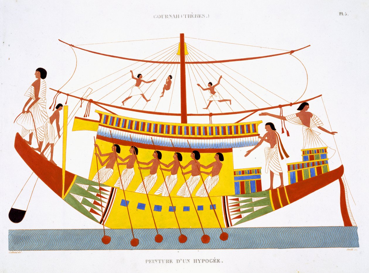 A Riverboat on the Nile, från en sällsynt uppteckning av fresker från Thebe, inspelad 1819-1822 vid sitt andra besök i Egypten av Frederic Cailliaud (1787-1869), färg litho av Frederic (after) Cailliaud