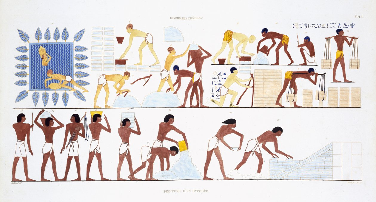 Brick-Making, från en sällsynt uppteckning av fresker från Thebe, inspelad 1819-1822 vid sitt andra besök i Egypten av Frederic Cailliaud (1787-1869), färg litho av Frederic (after) Cailliaud