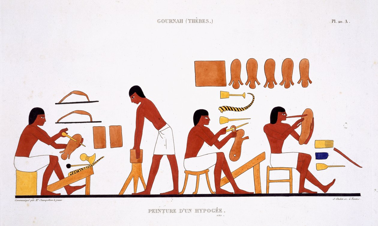 Läderarbetare från en sällsynt uppteckning av fresker från Thebe, inspelad 1819-1822 vid sitt andra besök i Egypten av Frederic Cailliaud (1787-1869), färg litho av Frederic (after) Cailliaud