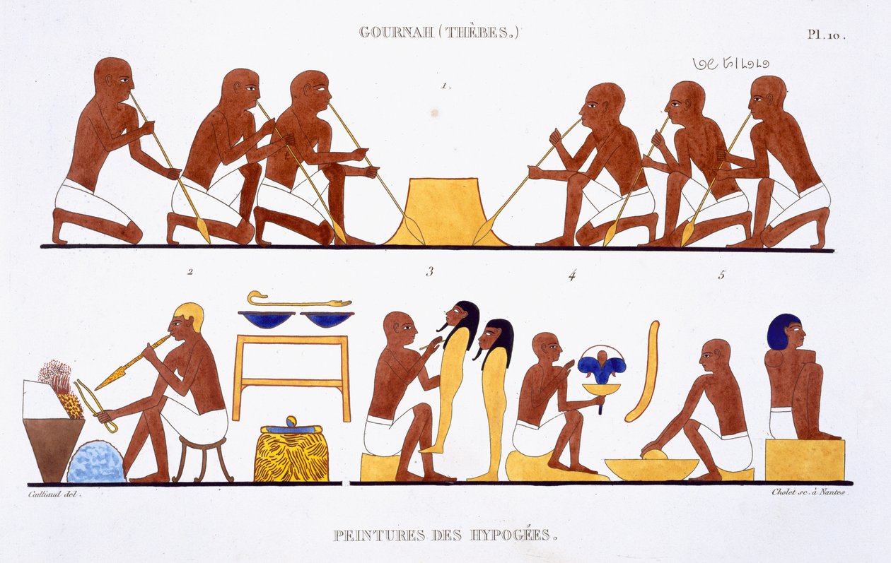 Metallbearbetning, från en sällsynt uppteckning av fresker från Thebe, inspelad 1819-1822 vid sitt andra besök i Egypten av Frederic Cailliaud (1787-1869), färg litho av Frederic (after) Cailliaud