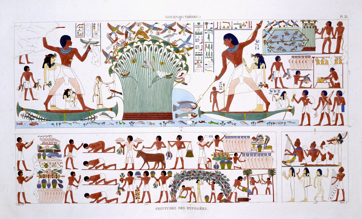 Preparing food for Dead, från en sällsynt uppteckning av fresker från Thebe, inspelad 1819-1822 vid hans andra besök i Egypten av Frederic Cailliaud (1787-1869), färg litho av Frederic (after) Cailliaud