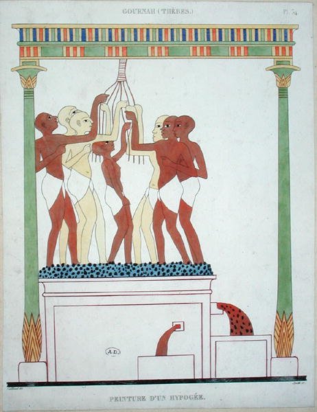 Pressing Grapes, kopia av en väggmålning från Thebe, graverad av Smith (färg litho) av Frederic (after) Cailliaud