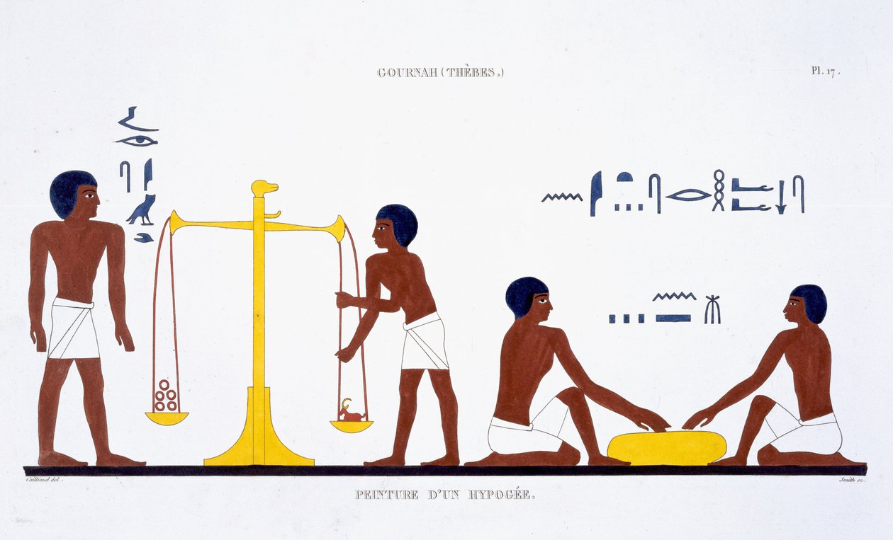 Rituals of Death (ämne oklart), från en sällsynt uppteckning av fresker från Thebe, inspelad 1819-1822 vid hans andra besök i Egypten av Frederic Cailliaud (1787-1869) (lito i färg) av Frederic (after) Cailliaud