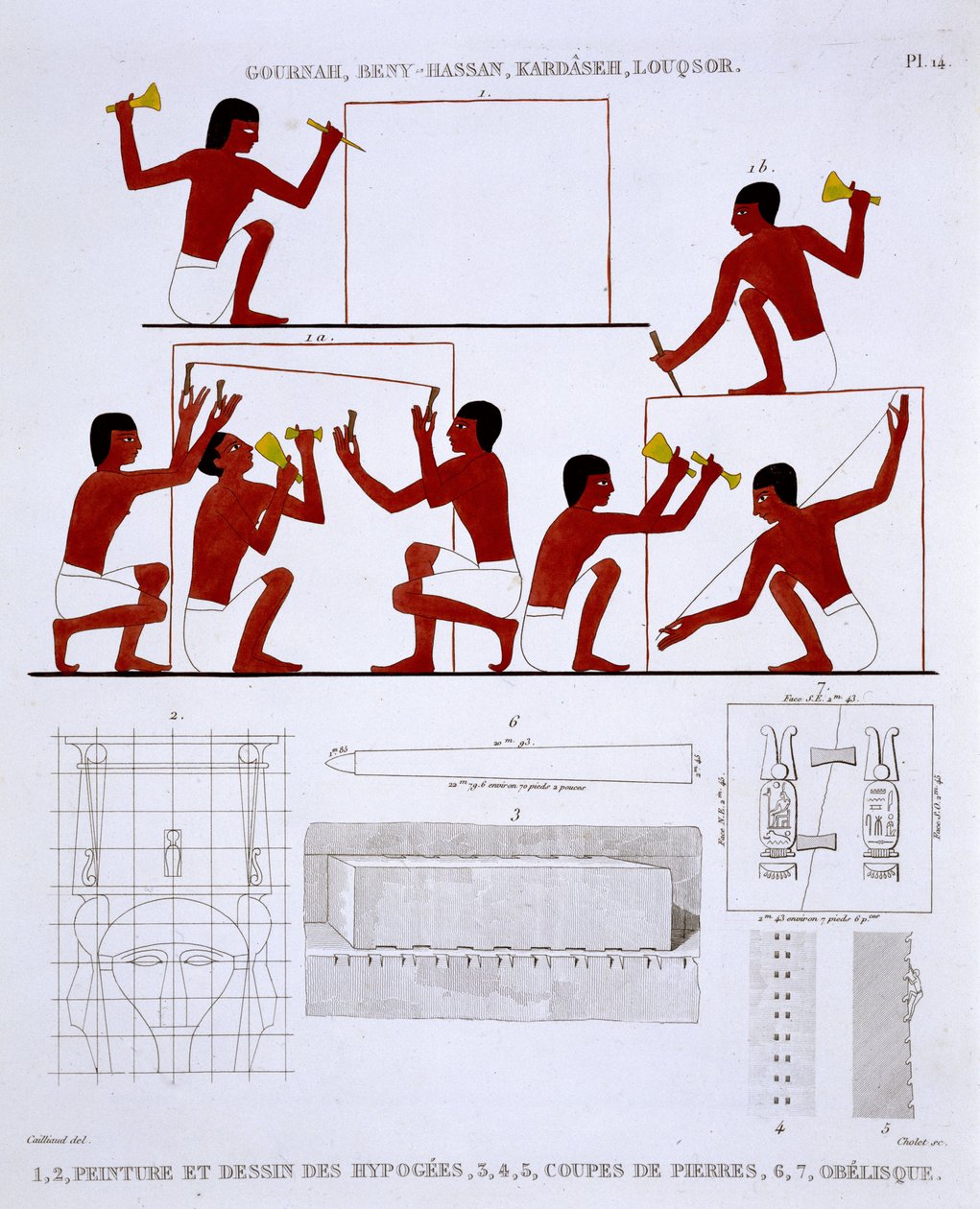 Stonemasons at Work, från en sällsynt uppteckning av fresker från Thebe, inspelad 1819-1822 vid sitt andra besök i Egypten av Frederic Cailliaud (1787-1869), färg litho av Frederic (after) Cailliaud